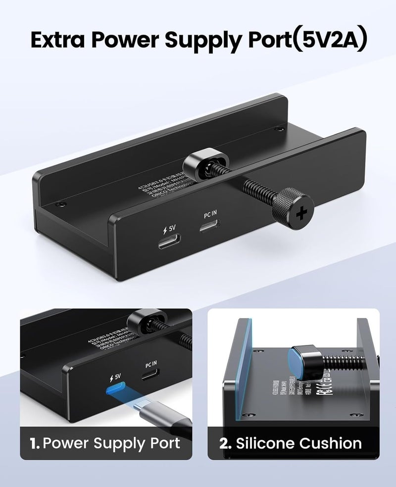 Orico محور USB 3.0، محور USB مع مشبك ومنفذ طاقة إضافي، محول USB من الألمنيوم بـ 4 منافذ USB مع 3 منافذ بيانات USB-A، منفذ USB-C للشاشات والمكاتب (أسود) - Image 4